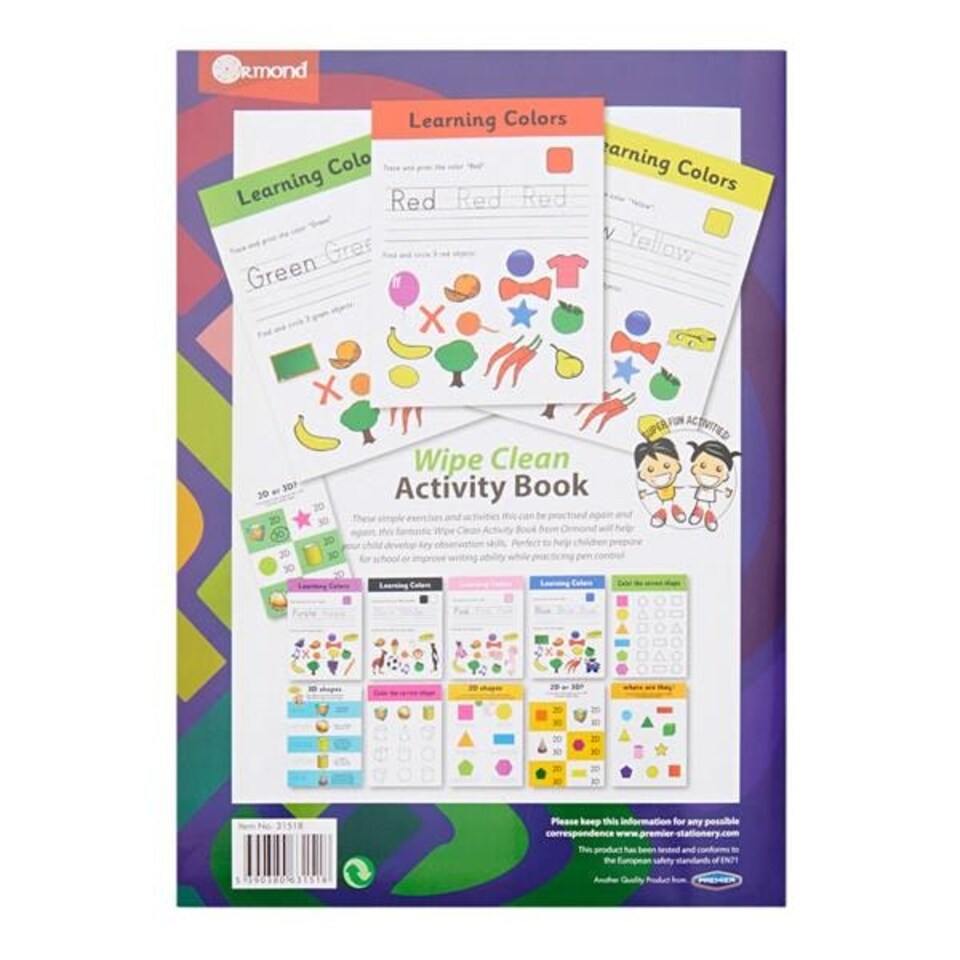 image 1 of A4 14 Pages Wipe Clean Activity Colours and Shapes Book With Pen by Ormond