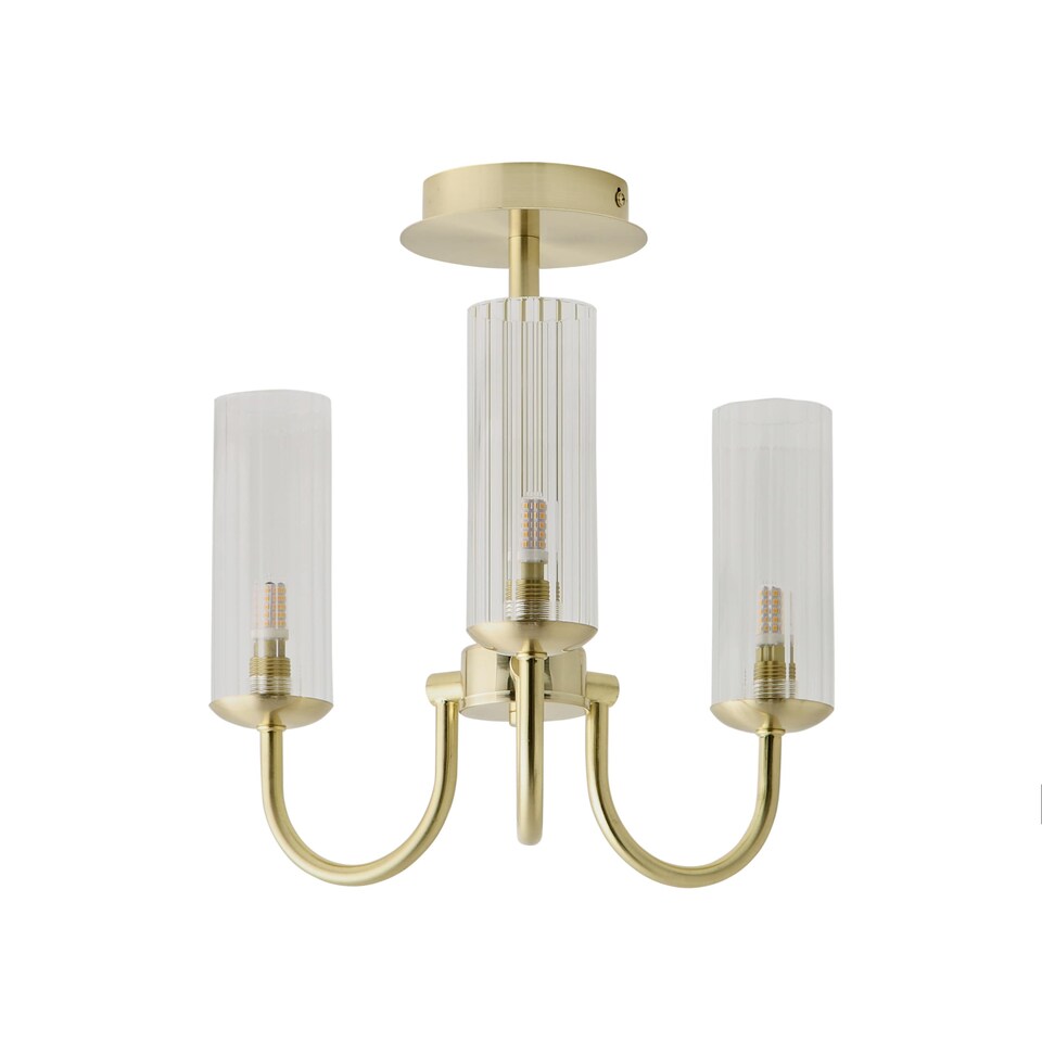 image 1 of ValueLights Canya 3 Way Gold Ceiling Light Clear Ribbed Shades & Bulbs | Gold