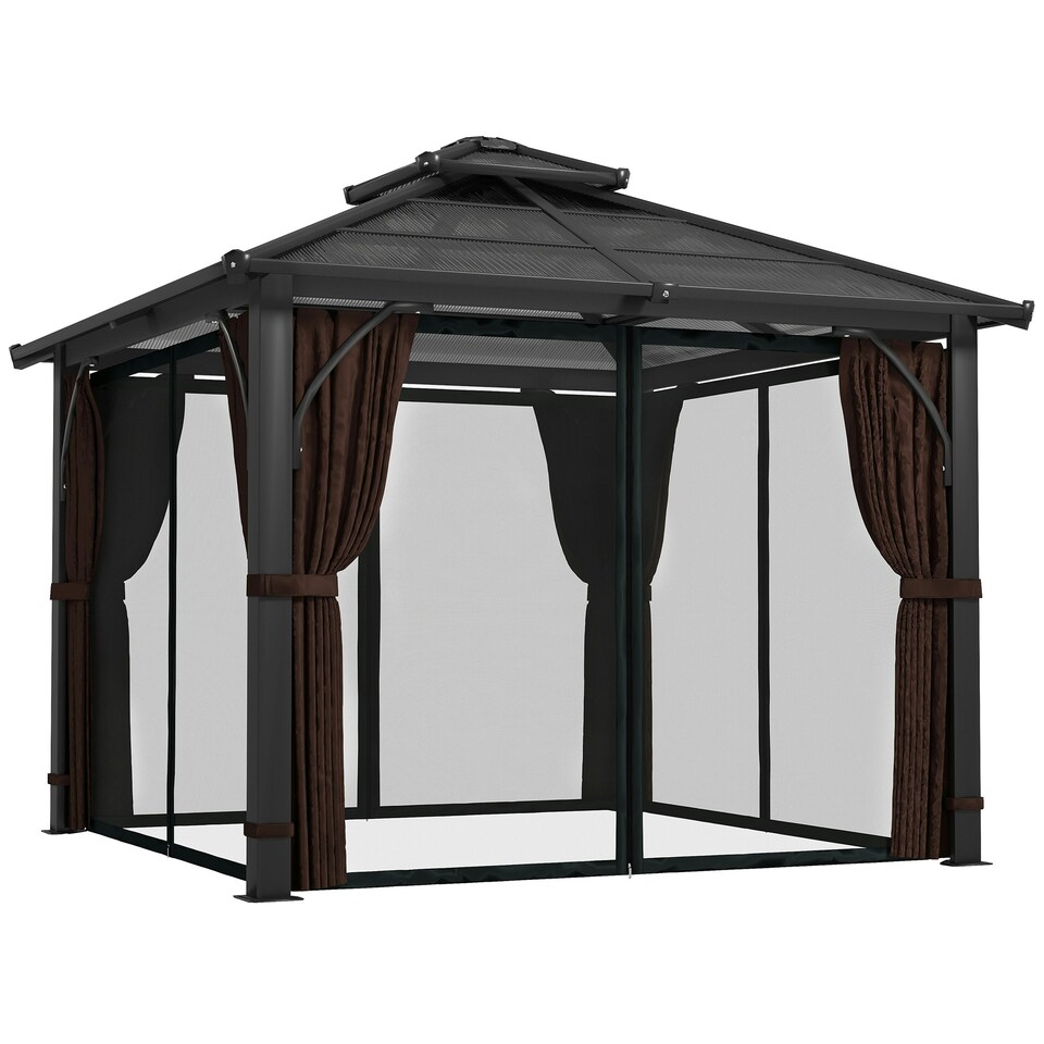 image 1 of Outsunny 3x3(m) Hardtop Gazebo with Polycarbonate Roof & Sides, Brown