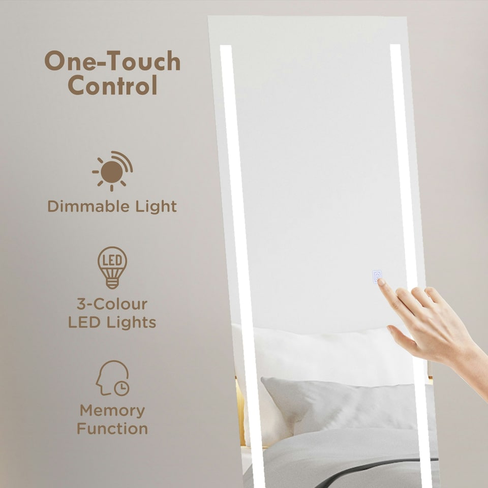 image 1 of HOMCOM Full Size Body LED Mirror, Dimmable Lighted Mirror for Bedroom