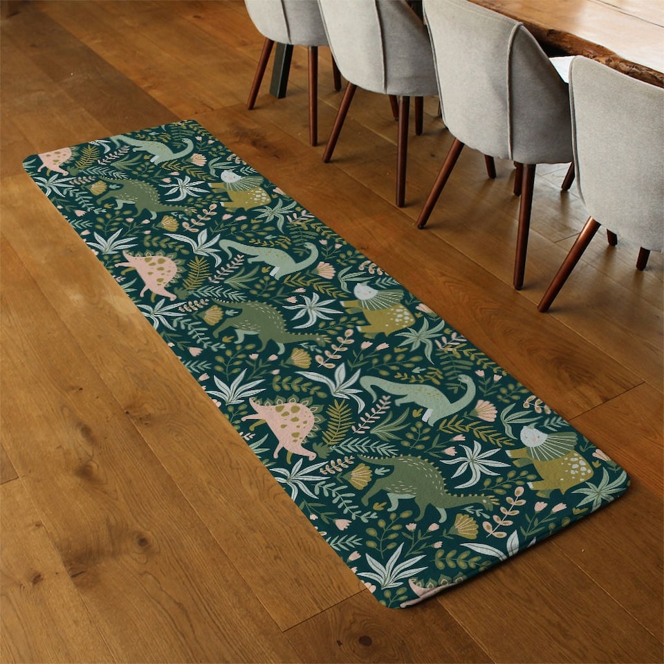 image 1 of Hand drawn seamless pattern with dinosaurs and tropical leaves and flowers Designer (Runner Rug)