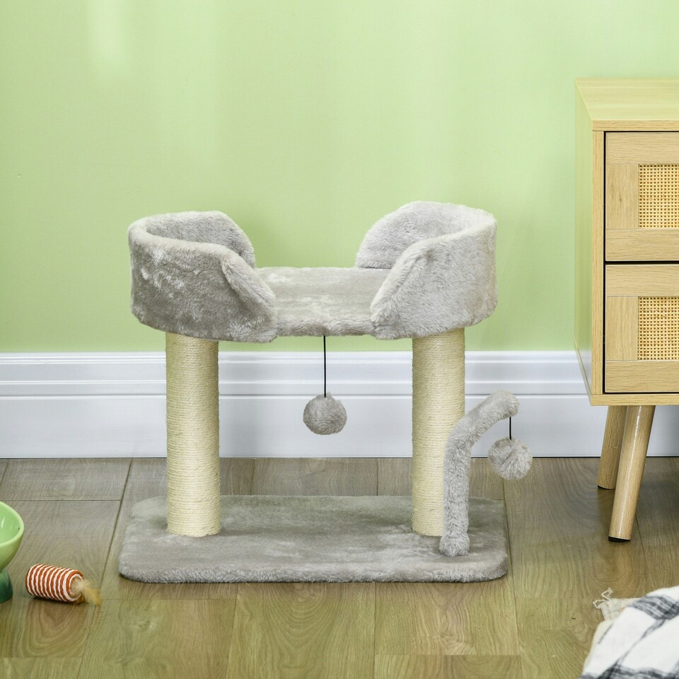 image 1 of PawHut Cat Tree Tower Scratcher with Bed for Indoor Cats, Light Grey