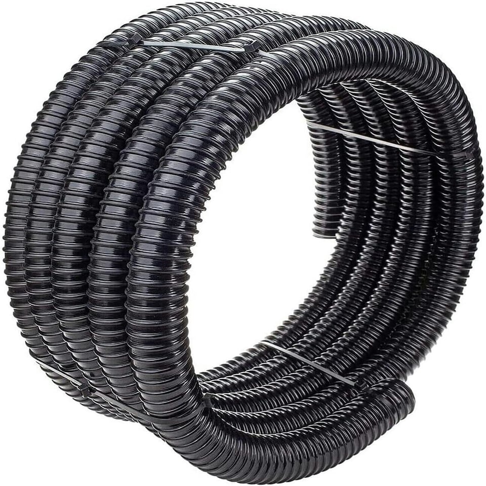 image 1 of SPARES2GO Corrugated Flexible Garden Fish Pond Marine Boat Hose Tube Pipe + 2 Clamp Clips (5m Length x 32mm Diameter) Black