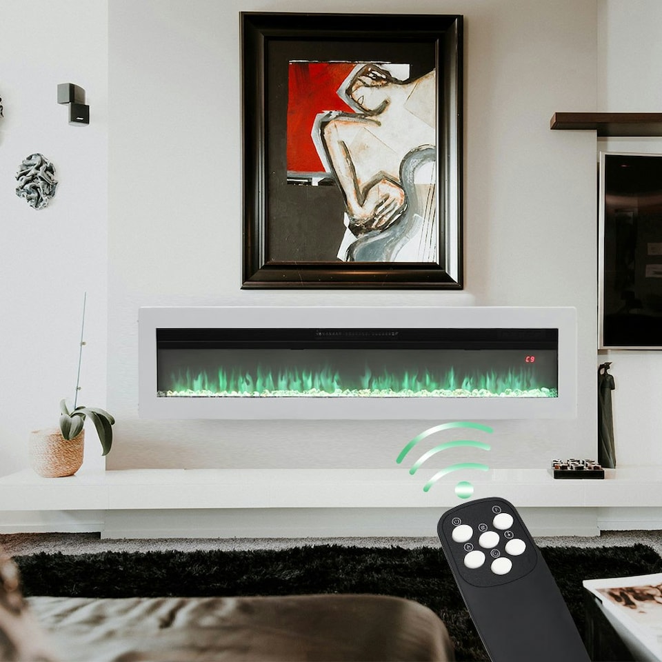 image 1 of Living and Home 60 Inch Electric Fireplace -Recessed/Wall Mounted/Freestanding, with Remote,1500W,White