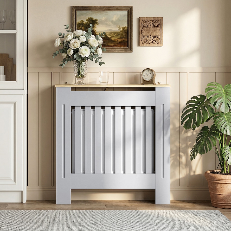 image 1 of HOMCOM Radiator Cover Wooden Cabinet Vertical Slatted Vent MDF Grey Home