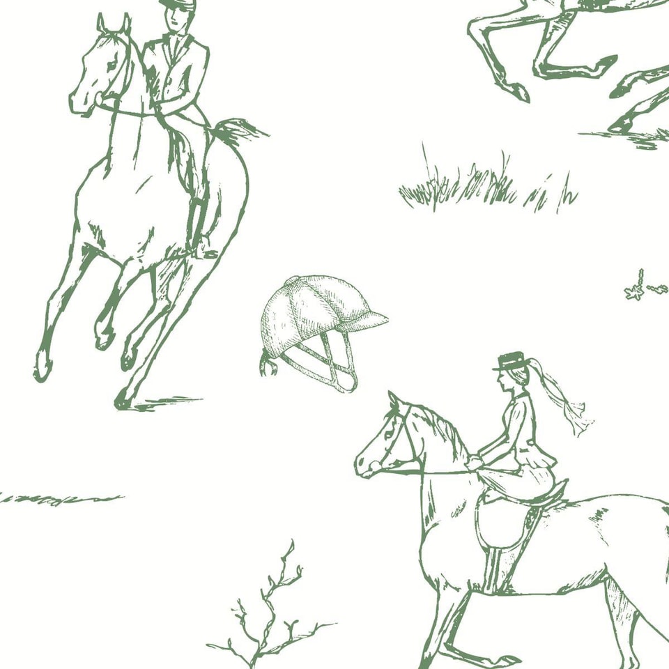 image 1 of Equestrian Wallpaper Horse Riding White Green Country Traditional Feature Wall
