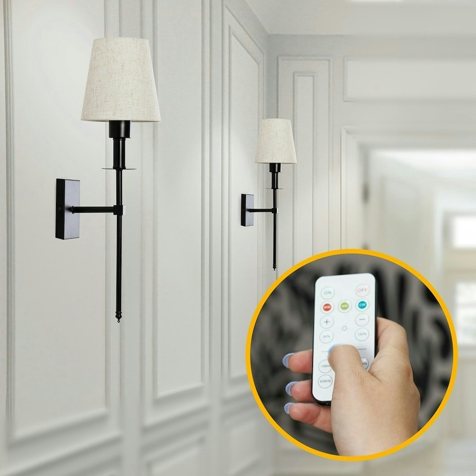 image 1 of ValueLights Kincaid Set of 2 - Rechargeable Easy Fit Wall Light with Fabric Shade - Black