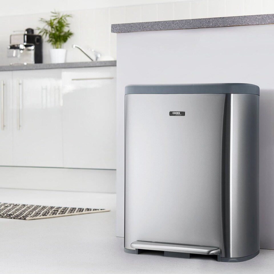 image 1 of Cooks Professional Recycle Bin 60L with Single Pedal, Dual Compartments & Soft Close Lid | Silver
