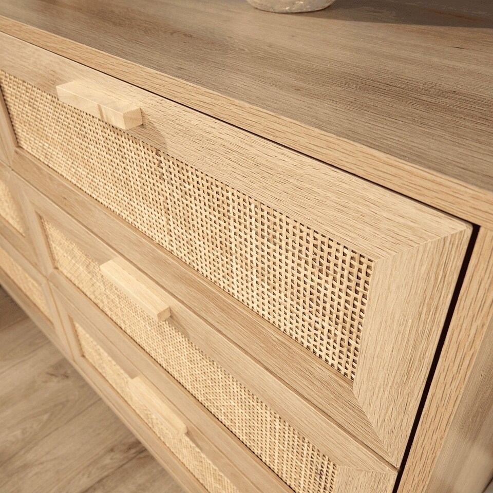 image 1 of Chest 6 Drawers with Rattan Fronts Solid Wooden Legs