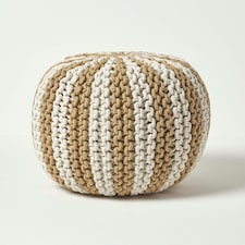 Homescapes Off White and Linen Knitted Pouffe Striped Footstool - 35 x 40 cm