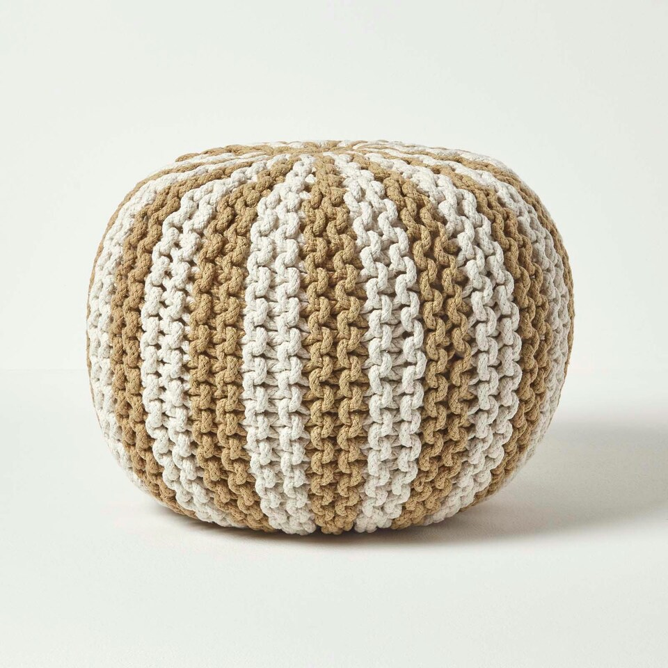 image 1 of Homescapes Off White and Linen Knitted Pouffe Striped Footstool - 35 x 40 cm