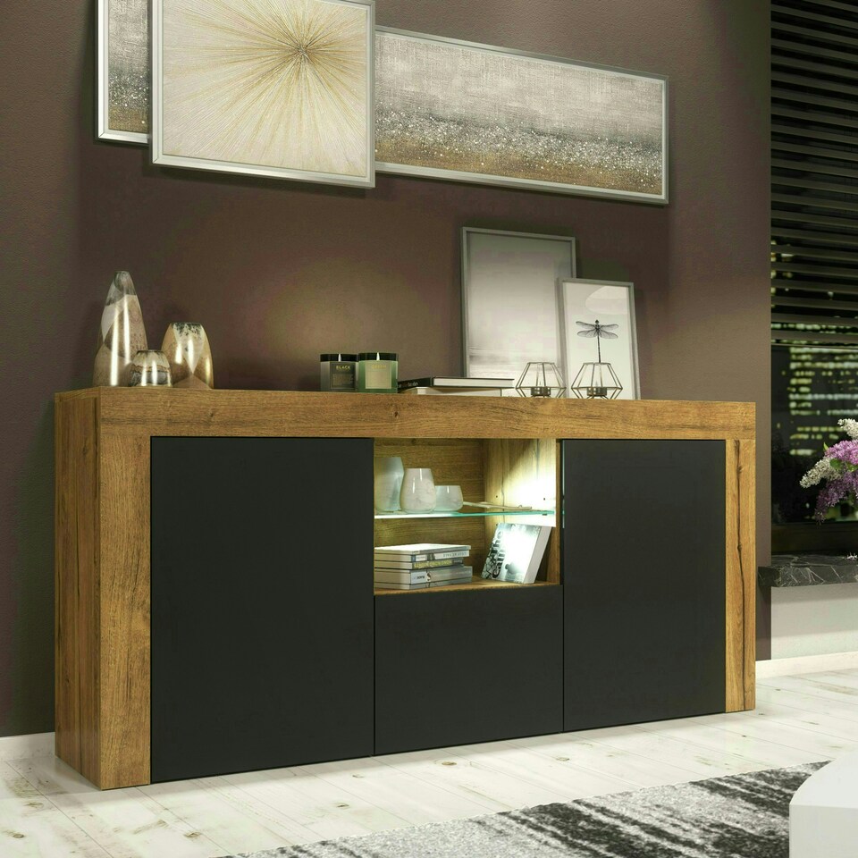 image 1 of TV Unit 145cm Black Matt Doors Free LED Oak Modern Media Cabinet Multi | Oak Matt Body & Black Matt Doors