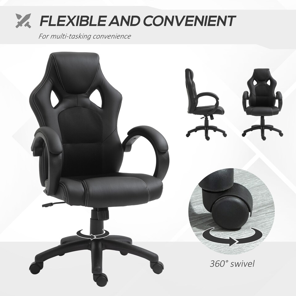 image 1 of Vinsetto Gaming Chair Faux Leather Swivel Computer Racing Gamer Desk Chair for Home Office with Wheels, Black