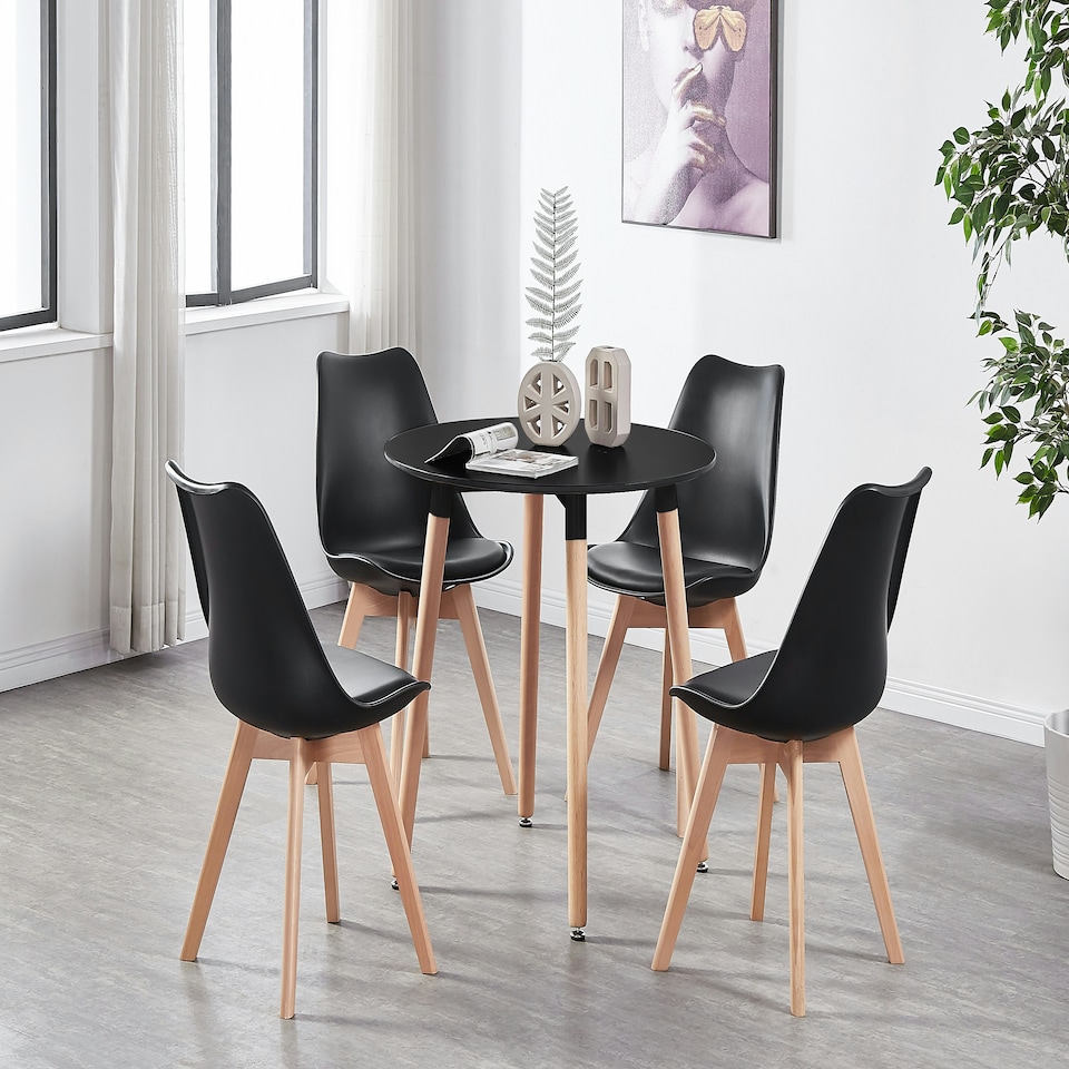 image 1 of 5PCs Dining Set - a Black Round Dining Table & Set of 4 White Lorenzo Tulip chairs with Padded Seat | Black