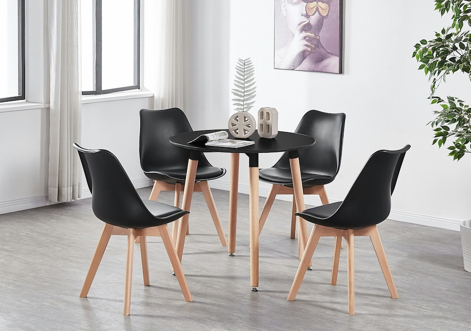 image 1 of 5PCs Dining Set - a Black Round Dining Table & Set of 4 White Lorenzo Tulip chairs with Padded Seat | Black