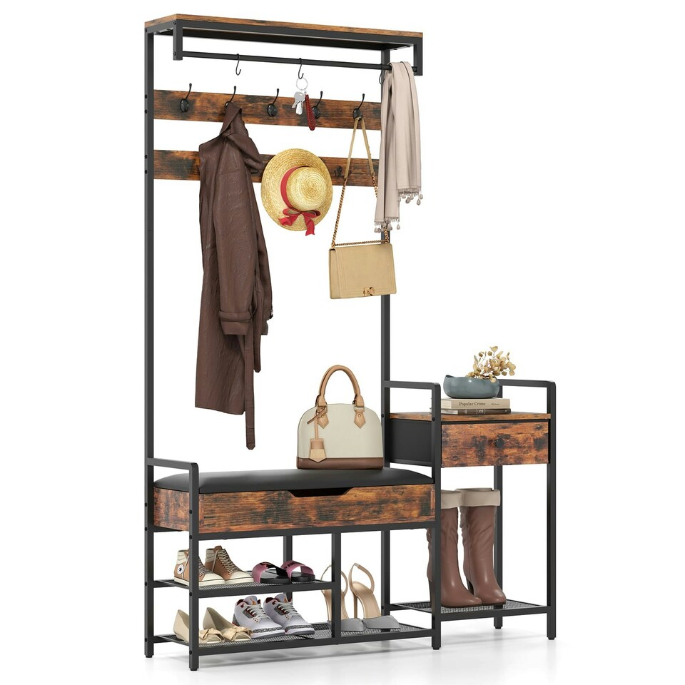 image 1 of COSTWAY Coat Rack Hall Tree with Shoe Storage Bench Brown | One Size