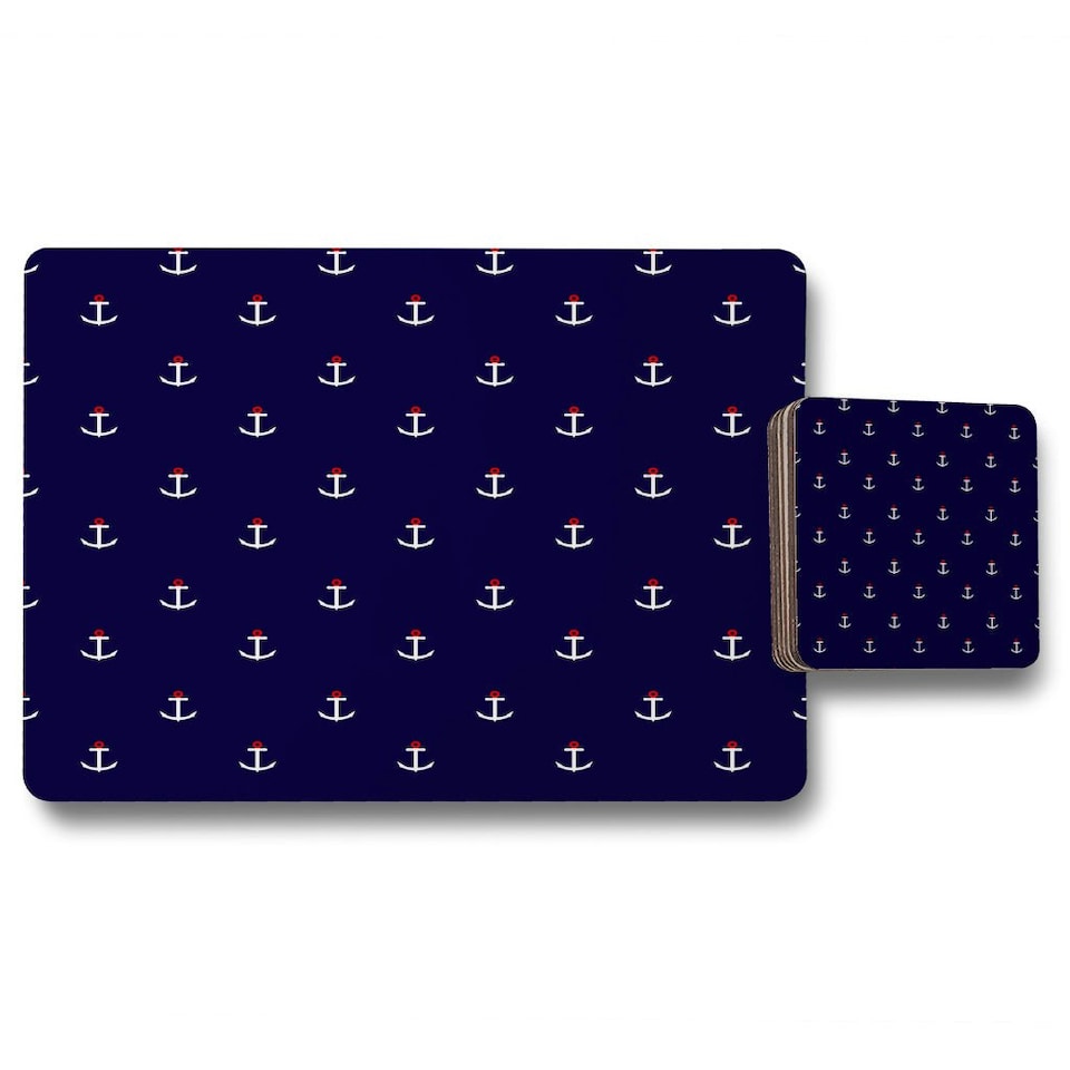 image 1 of White & Red Anchors on Navy (Placemat & Coaster Set)