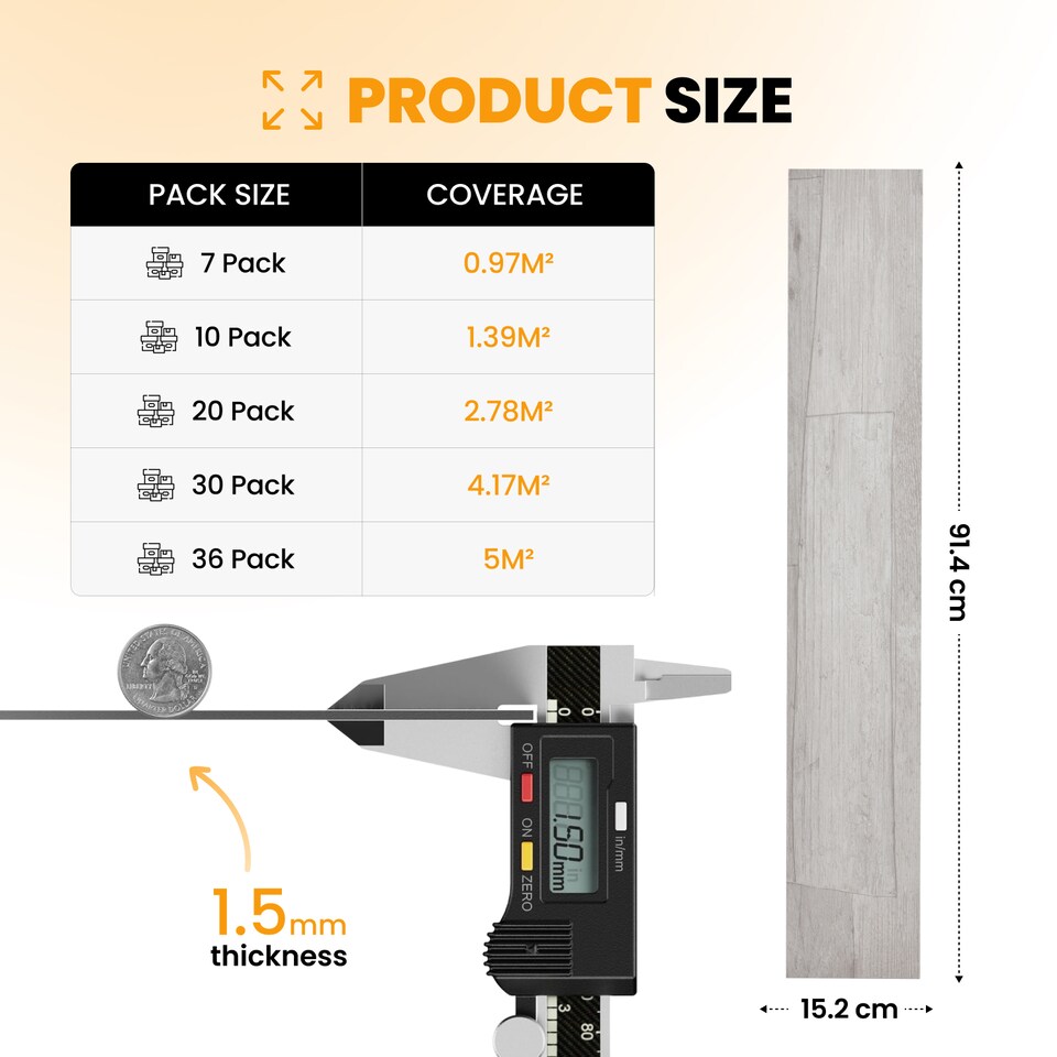 image 1 of NOVECRAFTO Self Adhesive Vinyl Floor Plank – Peel & Stick 36x5.98 in – Light Grey Ash Breeze – Wood Effect – Waterproof DIY Flooring – Easy to Install | Grey | 4.17 sqm