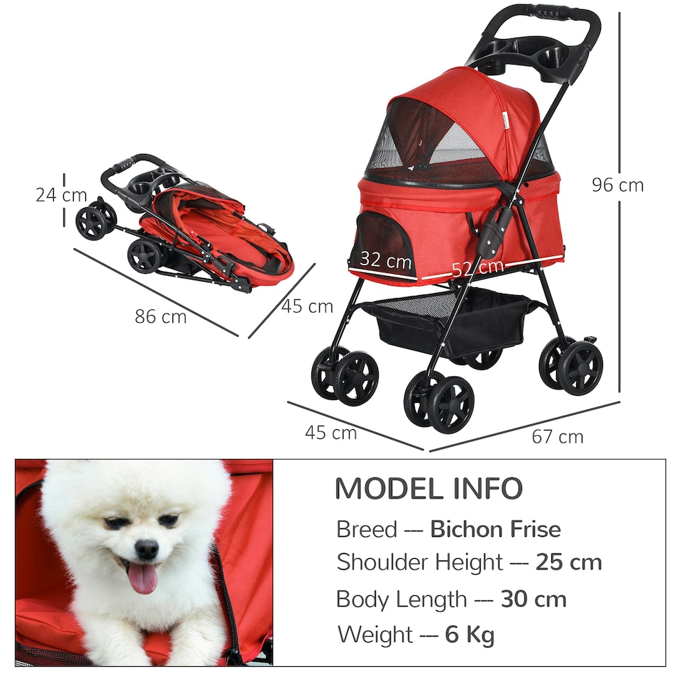 image 1 of PawHut Pet Stroller Foldable Travel Carriage w/ Brake Basket Canopy, Red