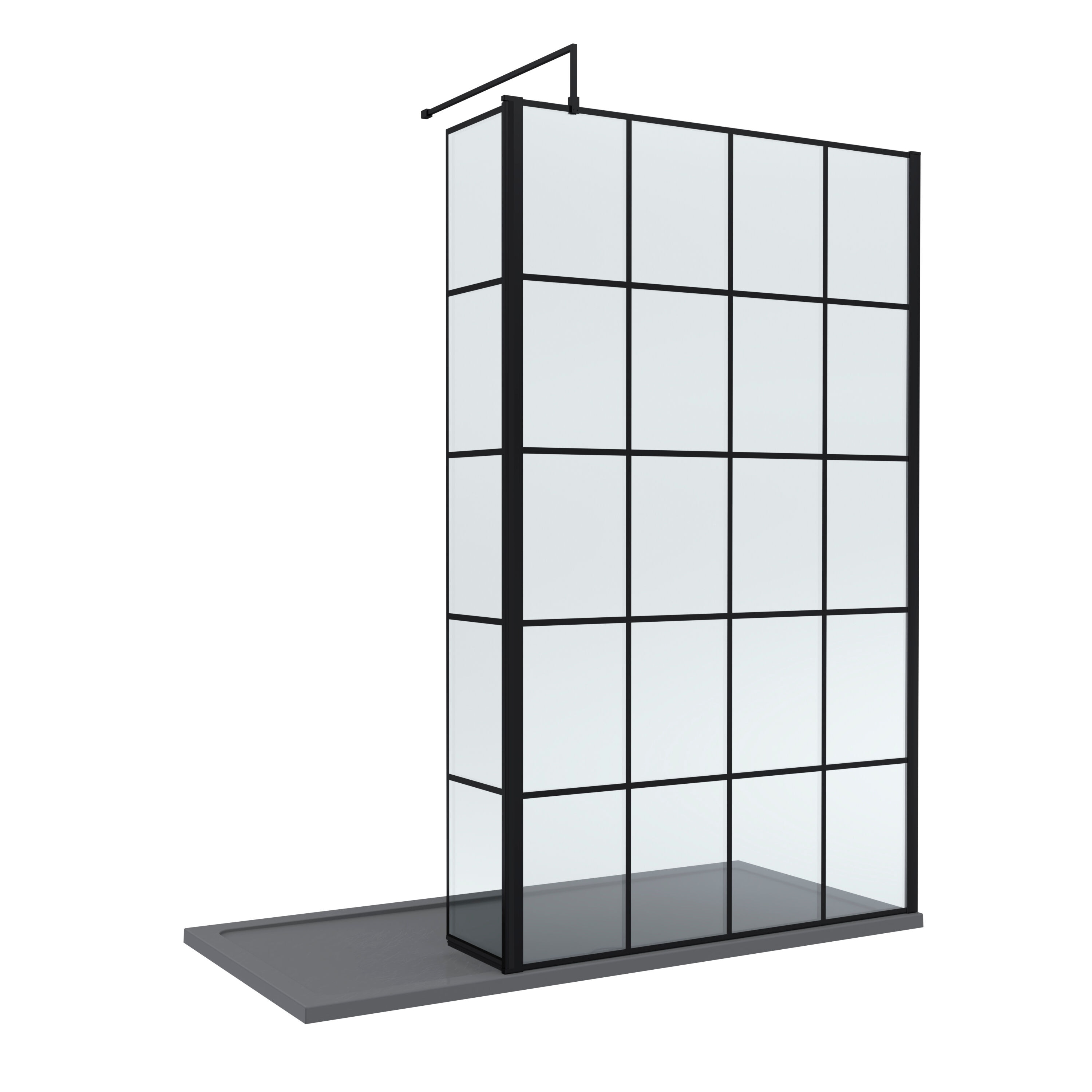 8mm Glass Walk In Wetroom Screen And Hinged Return Black Framed Design And Grey Shower Tray - 1700 X 800mm