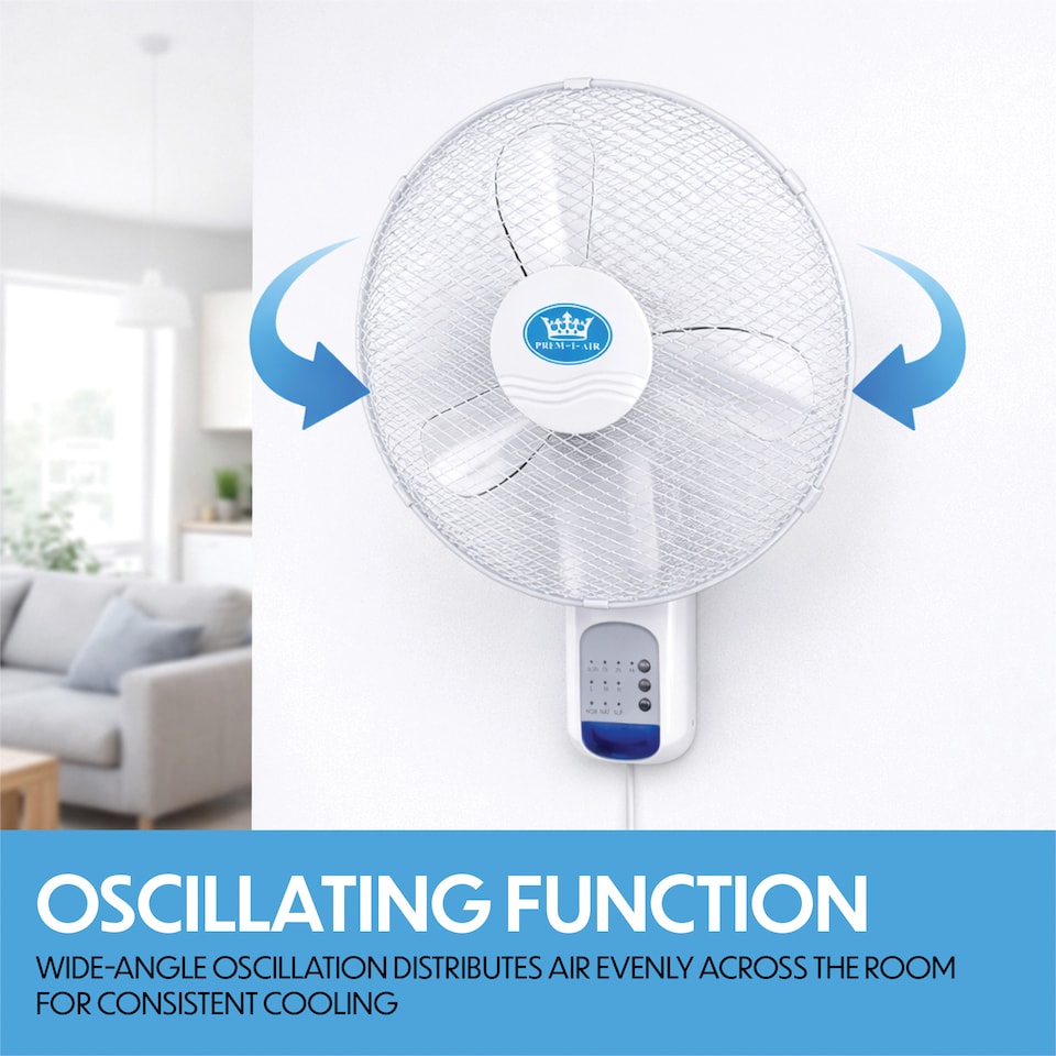 image 1 of Premier 18 inches Wall Fan with Remote 3 Speeds Oscillation 7.5hr Timer Adj. Head