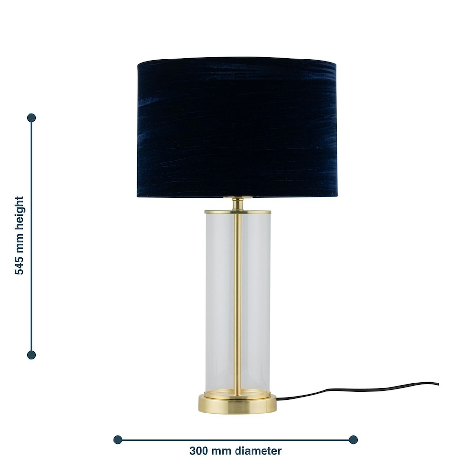 image 1 of Set of 2 Aura - Satin Brass Lamps with Navy Blue Crushed Velvet Shades Bronze | Blue