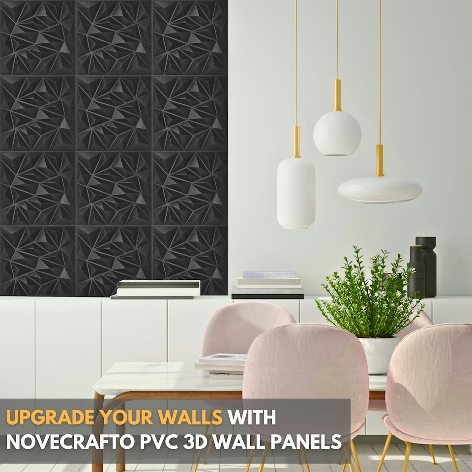 image 1 of NOVECRAFTO Diamond Effect 3D Wall Panels – 6 Sheets Covering 1.5 sqm (16.15 sqft) – Matte Interior PVC Cladding Tiles – 19.6"x19.6" Diamond Design Black