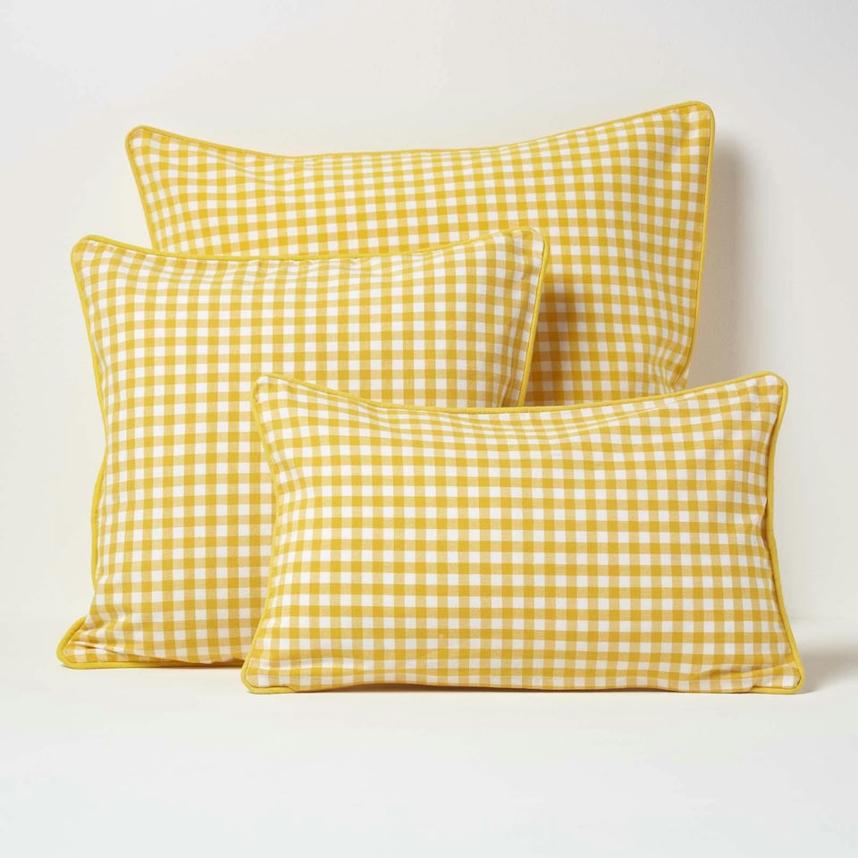 image 1 of Homescapes Cotton Gingham Check Yellow Rectangular Cushion Cover - 30 x 50 cm | Yellow | Yellow | 30 x 50 cm