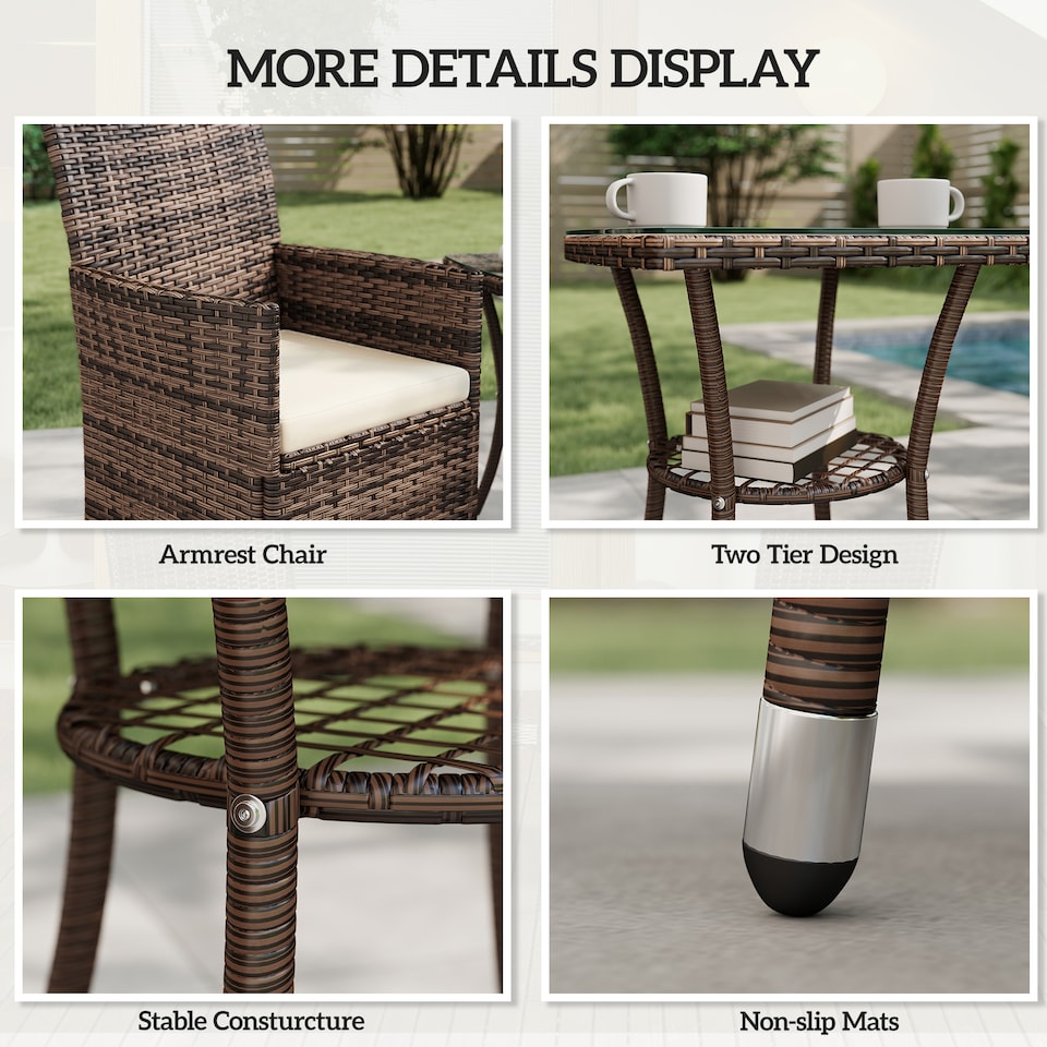 image 1 of Outsunny Rattan Bistro Set Garden Chair Table Patio Outdoor, Brown | Brown