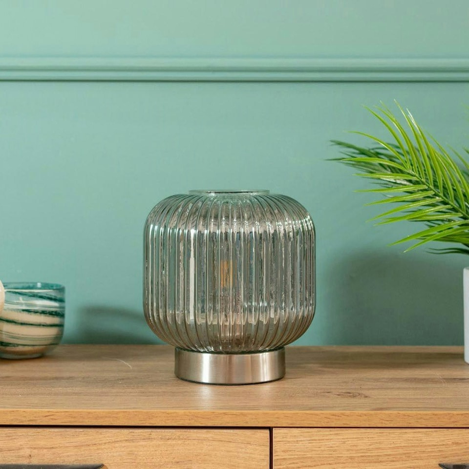 image 1 of ValueLights Monroe Smoked Grey Ribbed Glass Table Lamp