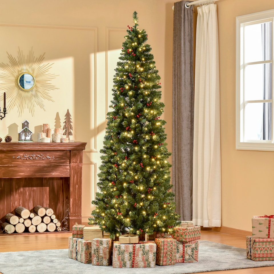 image 1 of HOMCOM 7FT Prelit Pencil Christmas Tree w/ LED Light, Berry, Xmas Decoration