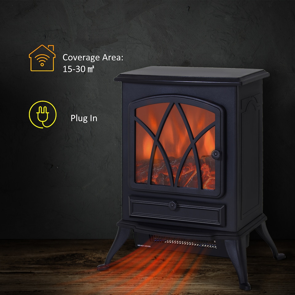 image 1 of HOMCOM Electric Stove Heater with Realistic Flame Effect, 2000W Portable Indoor Freestanding Electric Fireplace with Adjustable Thermostat, Black