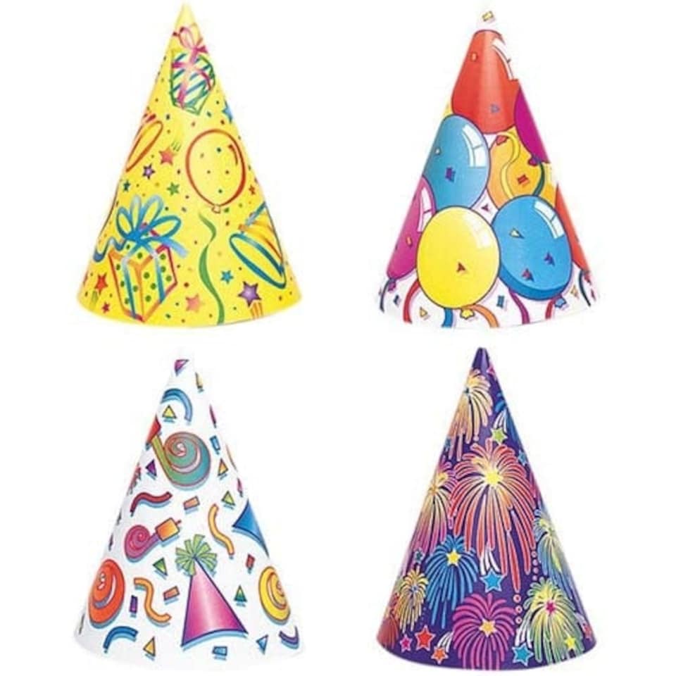 Assorted Birthday Party Cone Hats - Pack of 8