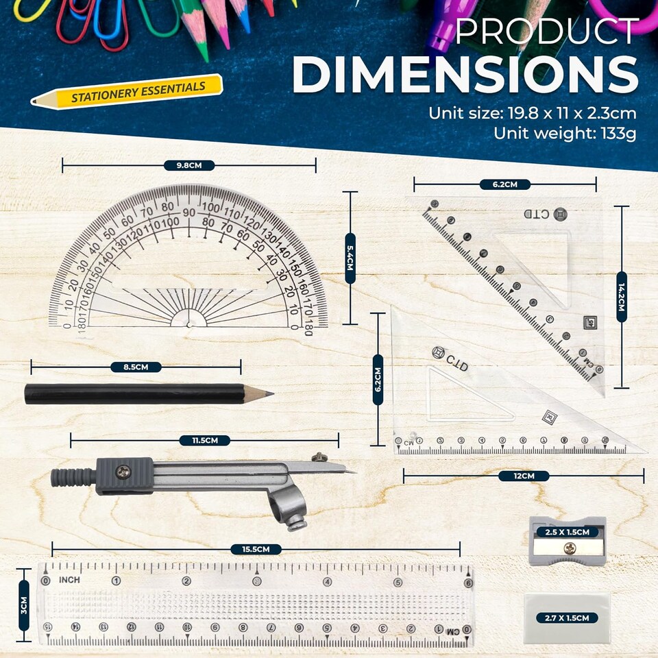 image 1 of 8pc Geometry Set for Secondary School – Complete Maths Kit with Ruler, Protractor, Compass, Pencil & Eraser, Ideal for Students