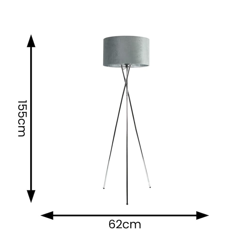 image 1 of ValueLights Camden Chrome Tripod Floor Lamp Grey Velvet Shade & Bulb | Grey