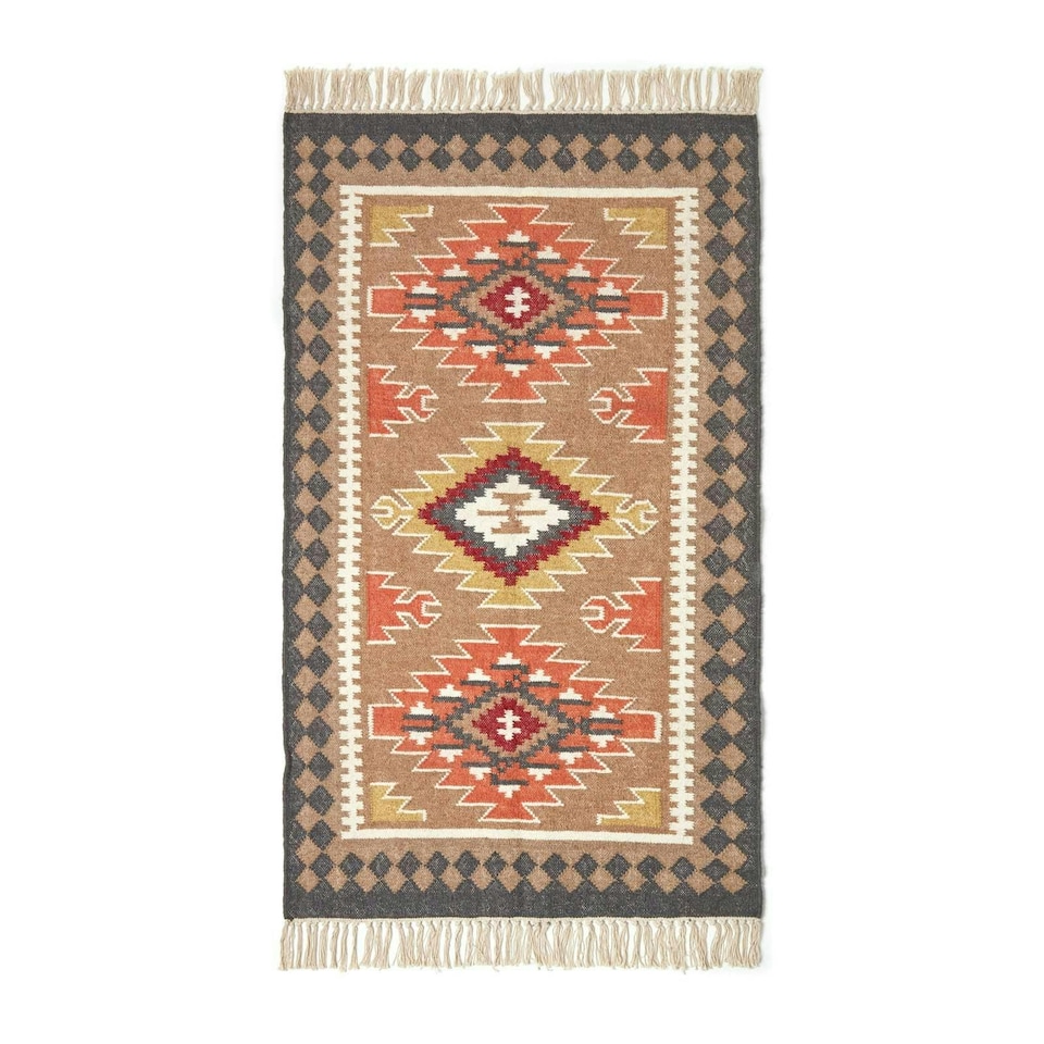 image 1 of Homescapes Jaipur Handwoven Brown and Orange Kilim Wool Rug - 160 x 230 cm | Multi | Brown, grey, orange, yellow and red