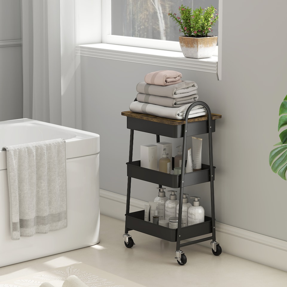image 1 of HOMCOM 3-Tier Storage Trolley with Covered Top Board, Rolling Utility Cart, Mobile Storage Cart on Wheels with Mesh Baskets for Kitchen, Living Room, Dining Room, Bedroom, Bathroom, Rustic Brown/Black | Brown