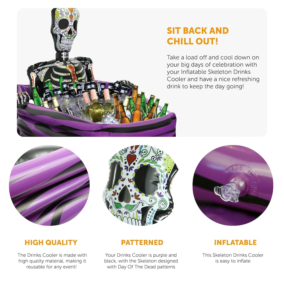 image 1 of Day of the Dead Inflatable Skeleton Coffin Drinks Cooler – 43"x31" Purple Party Decor