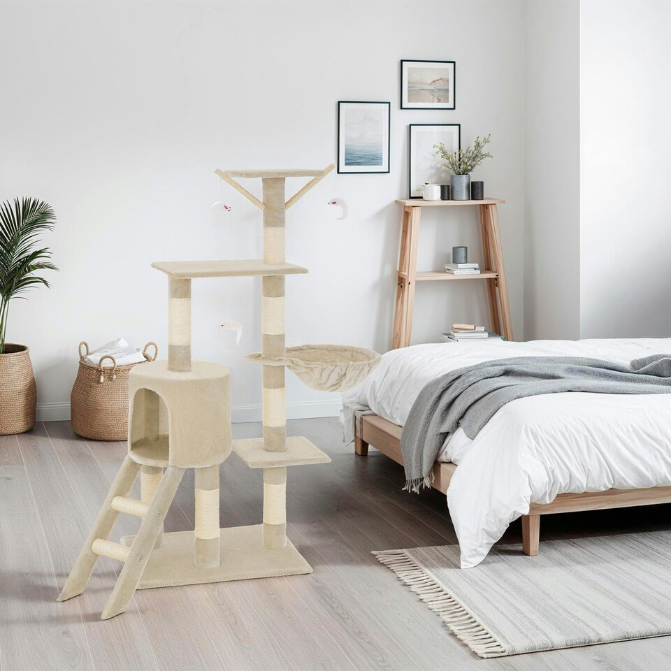 image 1 of Cat Tree Dominik - 144 cm, sisal cat scratching post, mice & anti-tip protection - Beige