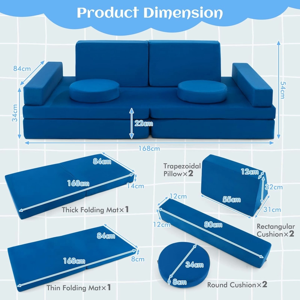 image 1 of COSTWAY 8-Piece Kids Play Couch Sofa Convertible Foam Sofa-Blue | Blue | Chair