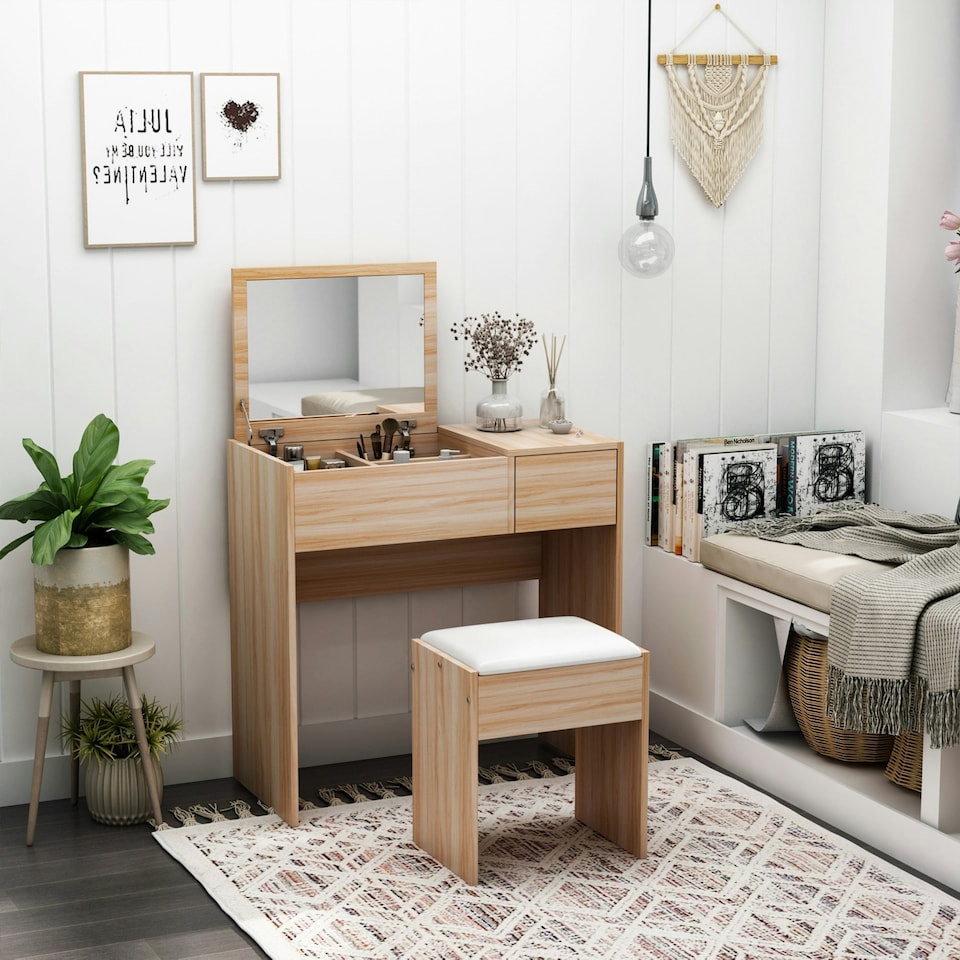 image 1 of HOMCOM Dressing Table Set Cushioned Stool Flip-up Mirror Drawer Chipboard Wood