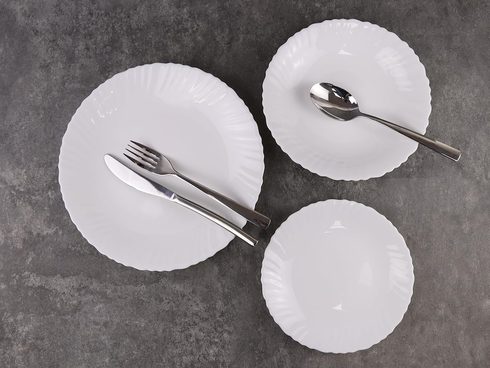 image 1 of White Opal Glass Dinner Set Plates Soup Bowls Dinnerware | White | Sophia Wavy - 12 Pcs | 12