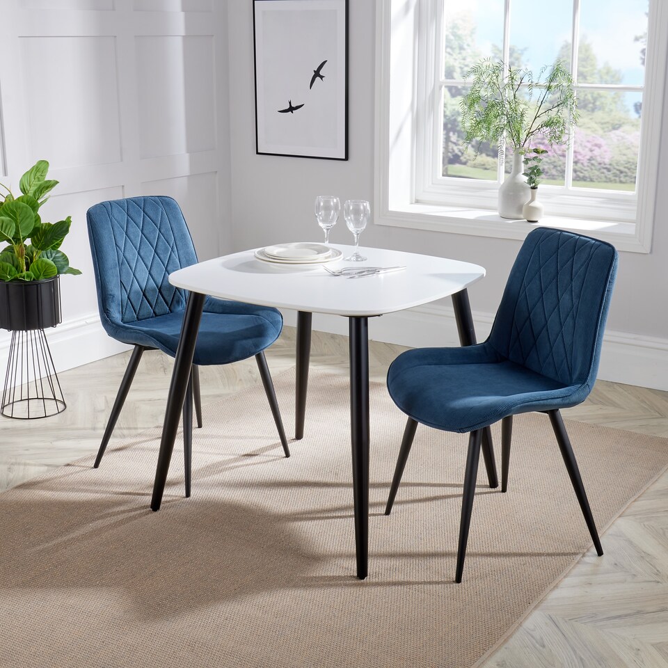 image 1 of Aspen White 80cm Square Dining Table with 2 Upholstered Cord Fabric Diamond Stitch Chairs - Compact Modern Dining Set | Blue | White | One Size | 1