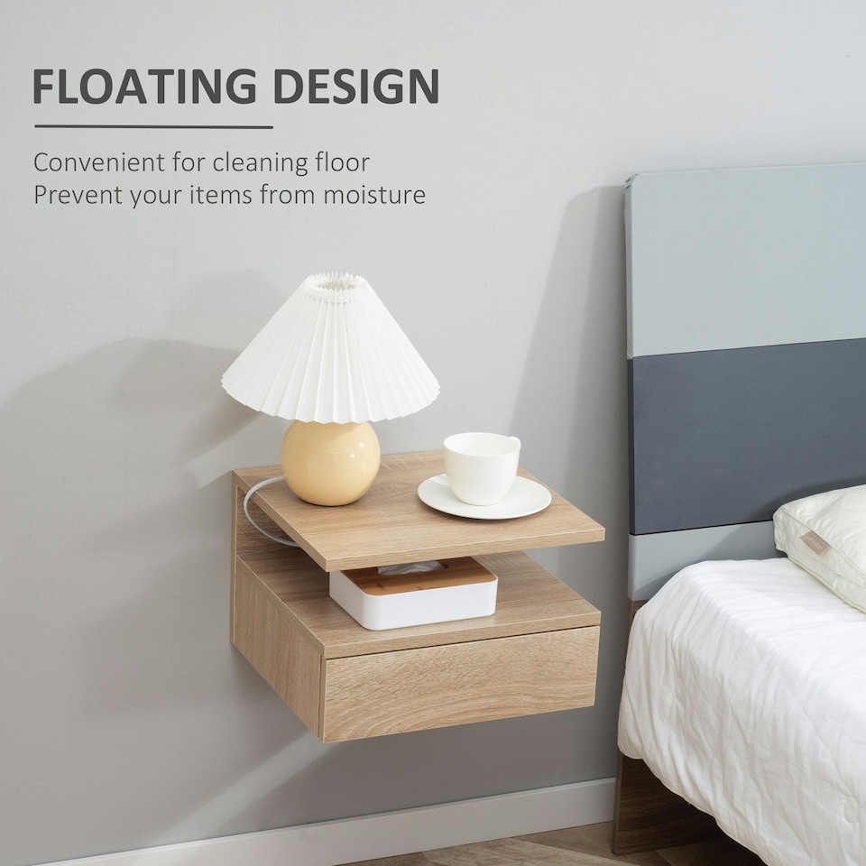 image 1 of HOMCOM Nightstand Set of 2, Wall Mounted Bedside Cabinet, Oak Tone