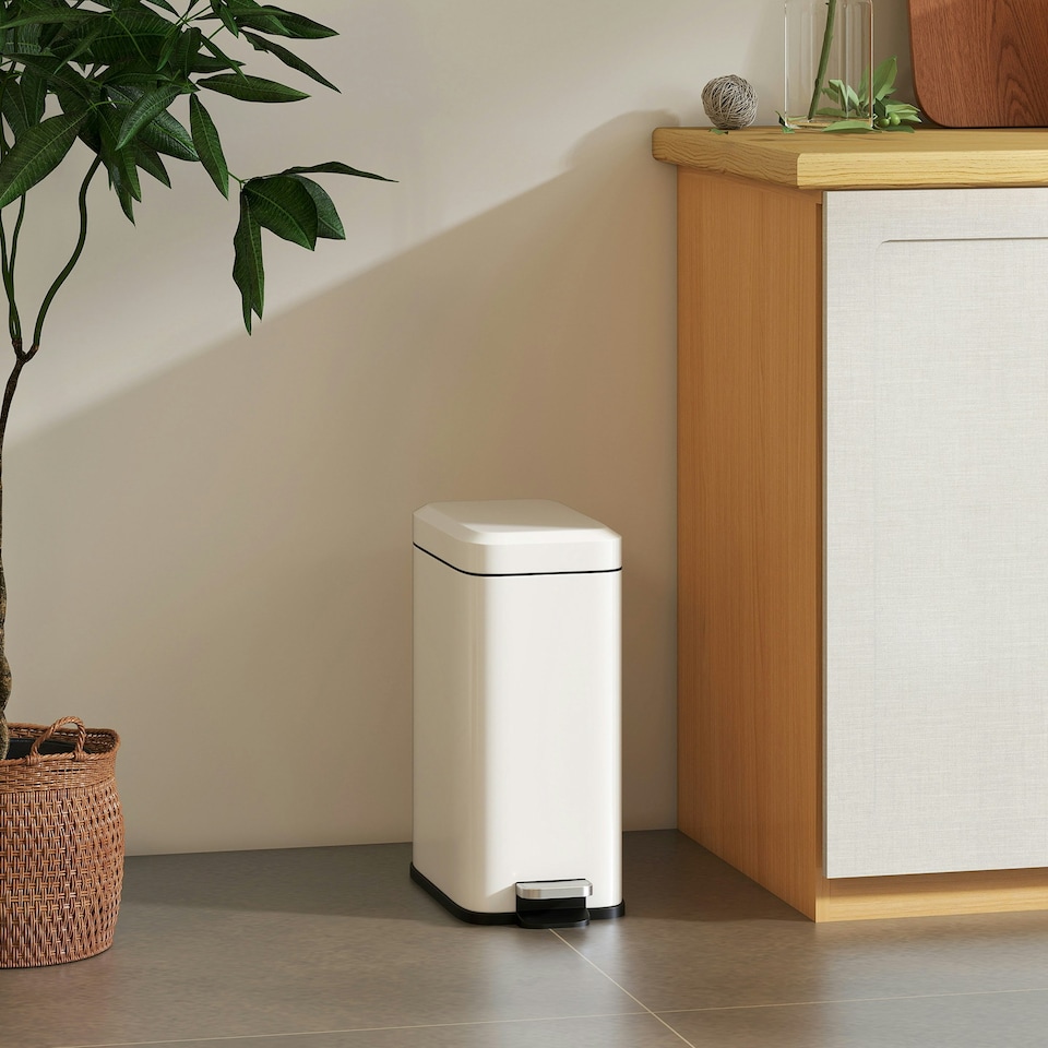 image 1 of HOMCOM 5L Rectangle Compact Bin Steel Body Inner Bucket Quiet-Close Lid w/Pedal | White | 5L | 1