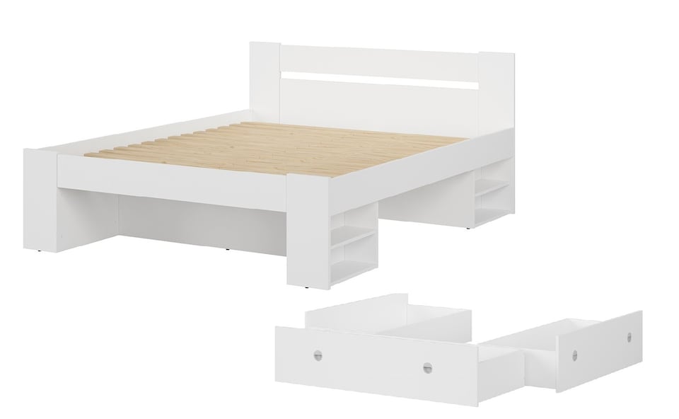image 1 of White King Size Bed with Drawers Shelves Storage Frame Headboard 160cm Wooden Euro Wooden Slats Nepo