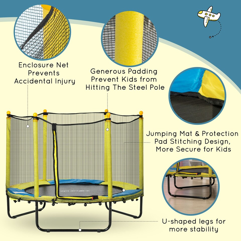 image 1 of HOMCOM 4.6FT Kids Trampoline w/ Enclosure, for Kids 3-10 Years - Yellow
