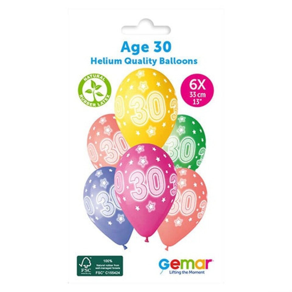image 1 of Assorted Colour Cosmic Stars Age 30 Latex Balloons 33cm / 13 in - Pack of 6