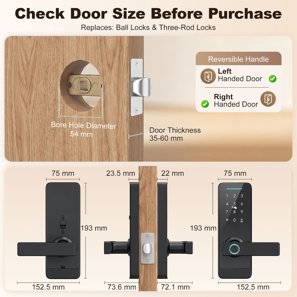 image 1 of HOMCOM Smart Door Lock, Fingerprint/Passcode/APP/NFC/Key, Doorbell