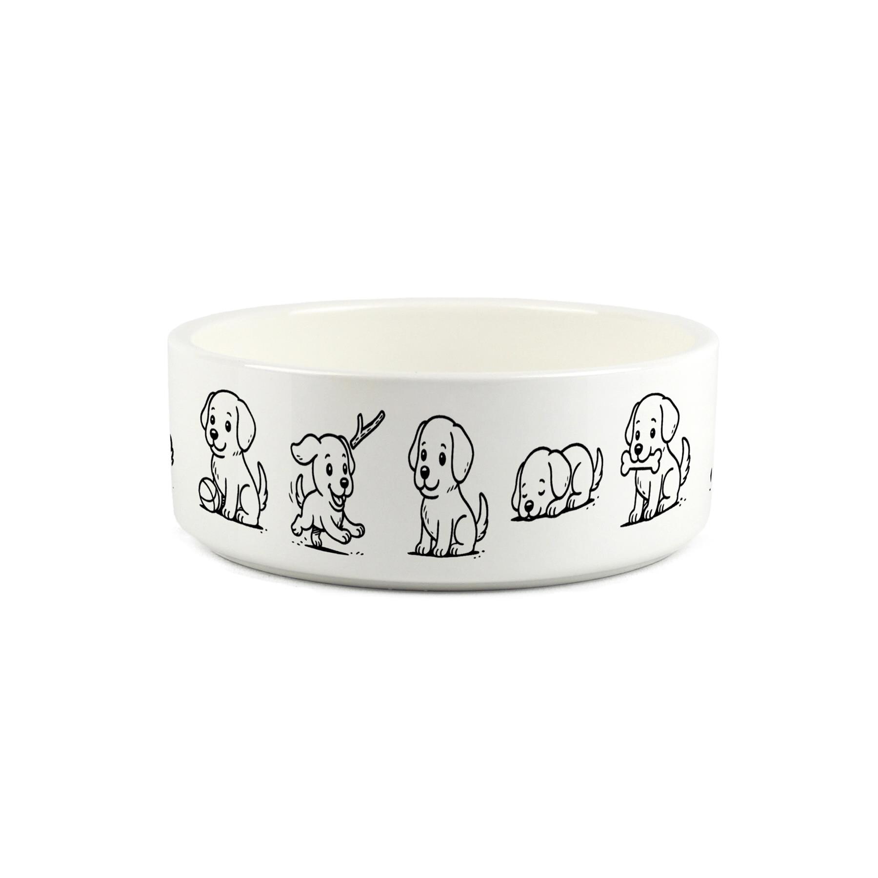 Cartoon Doodle Dogs Small Ceramic Pet Bowl - White Food/Water Dish